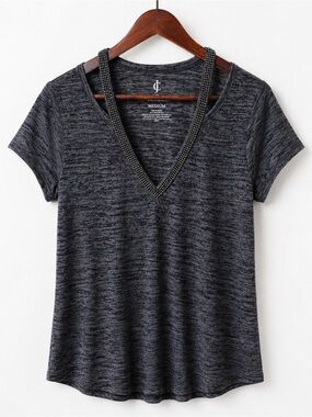 Juicy Couture Y2K Glam Studded V-Neck Tee Gray Charcoal Sz M NWT Rhinestone Top